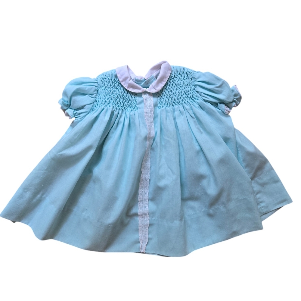 Vintage 1980s Polly Flinders pastel teal collared smocked dress